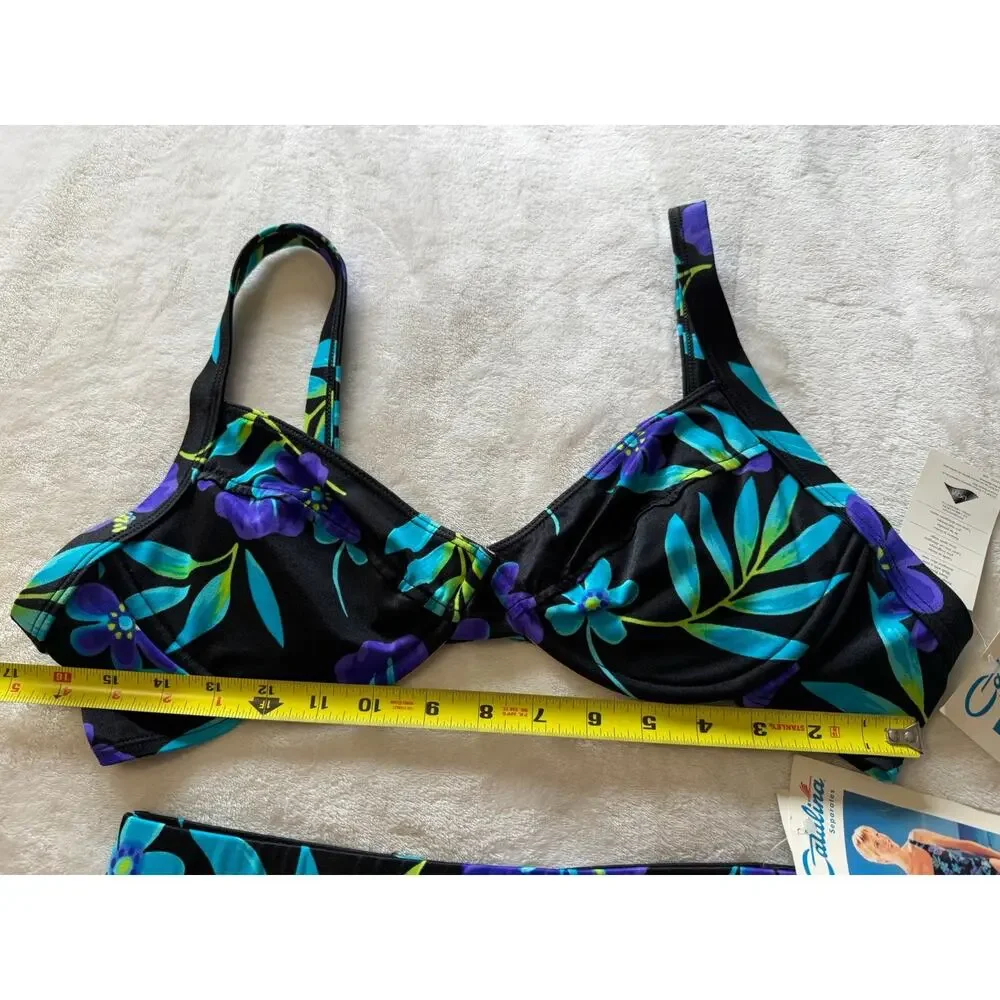 VTG NWT Catalina Floral Bikini Set Black Blue Tropical High Waist Size M/1X (XL)